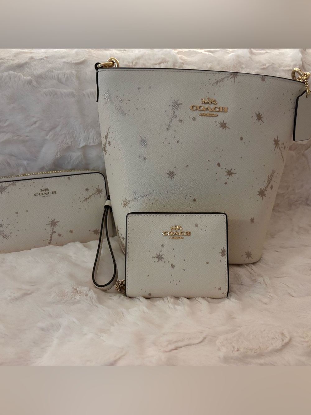 NEW Coach White Star Print Leather Bucket bag with Wristlet and Wallet